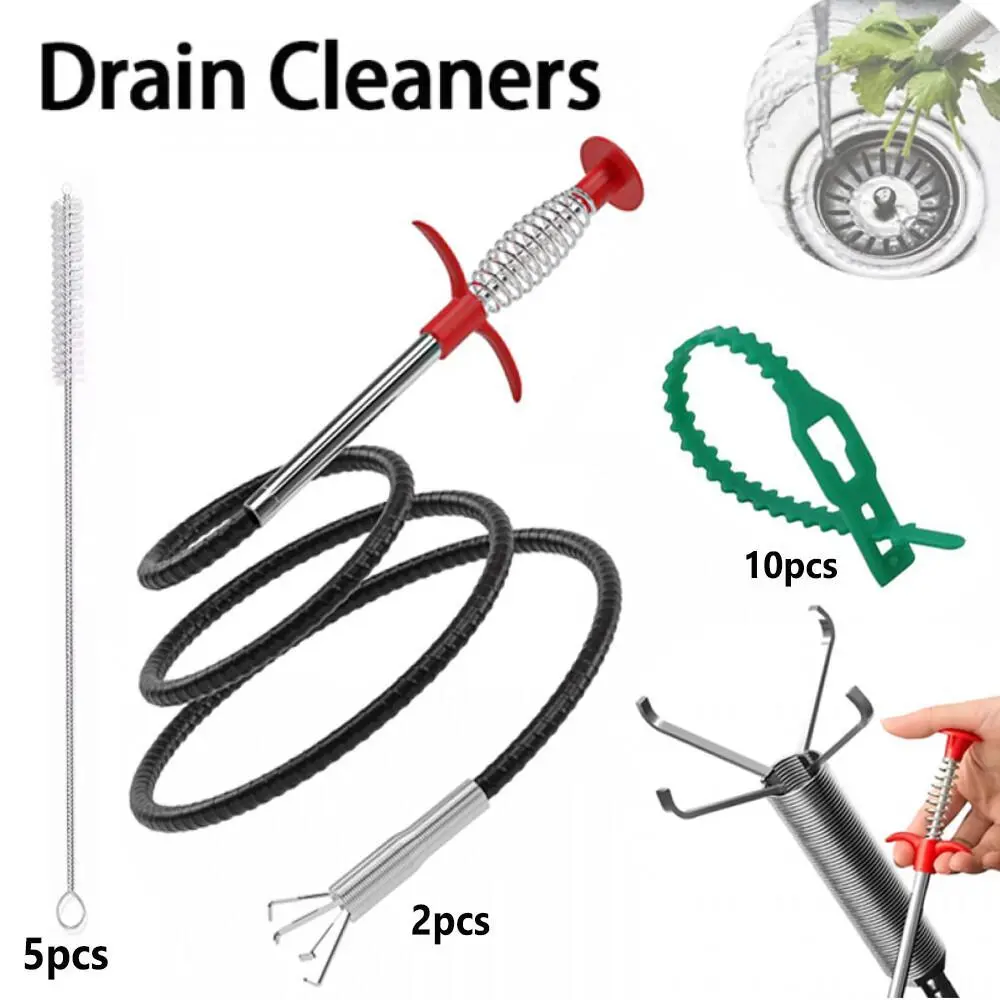 Household Pipe Cleaner - 200 cm (78.74 in) Durable Easy-to-Bend PP Filament Drain Tool with Multi-Toothed Grabber Claw, 10 x Cable Tie, 5 x Tube Brush for Kitchen, Bathroom Clogs