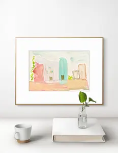 Original Abstract Watercolor Landscape Painting Fine Art Print, Size 6x8, Blue, Pink, Green, Peach, Abstract Artwork, Wall Decor