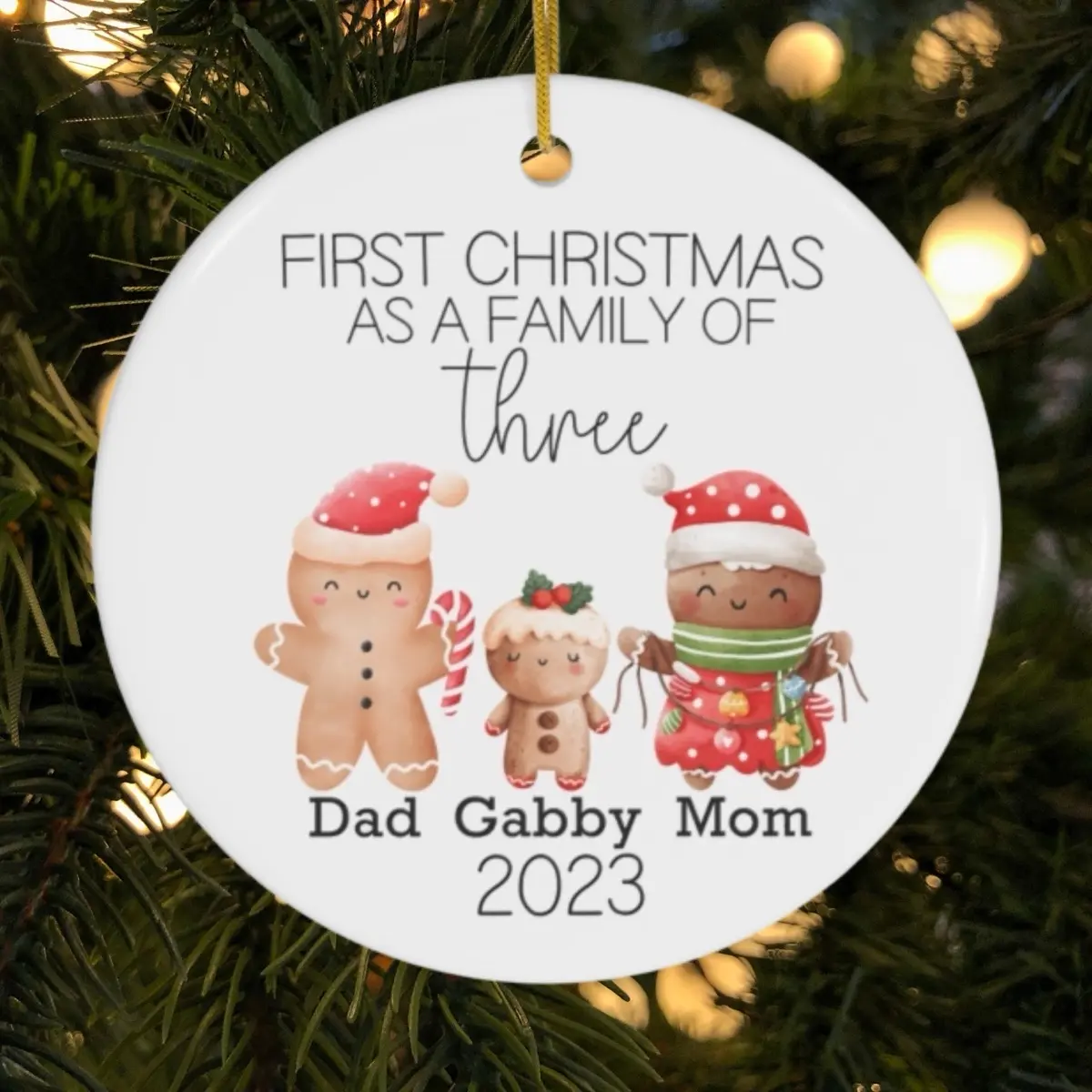 Family of Three Ornament, First Christmas Ornament, Christmas Gift, Custom Christmas Ornament, Baby’s First Christmas Ornament, Gingerbread