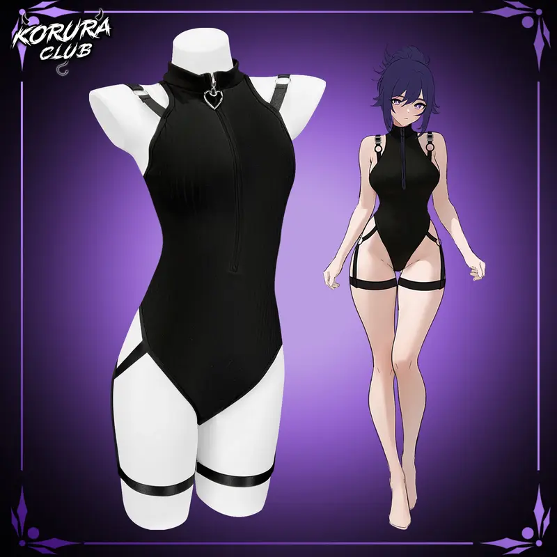 KORURACLUB KO124 Women's Black Gothic Bodysuit, High Neck Zip Front Ribbed One Piece with Heart Zipper, Shoulder Straps ,Sleeveless Bodycon Anime Cosplay Outfit for Halloween & Festival