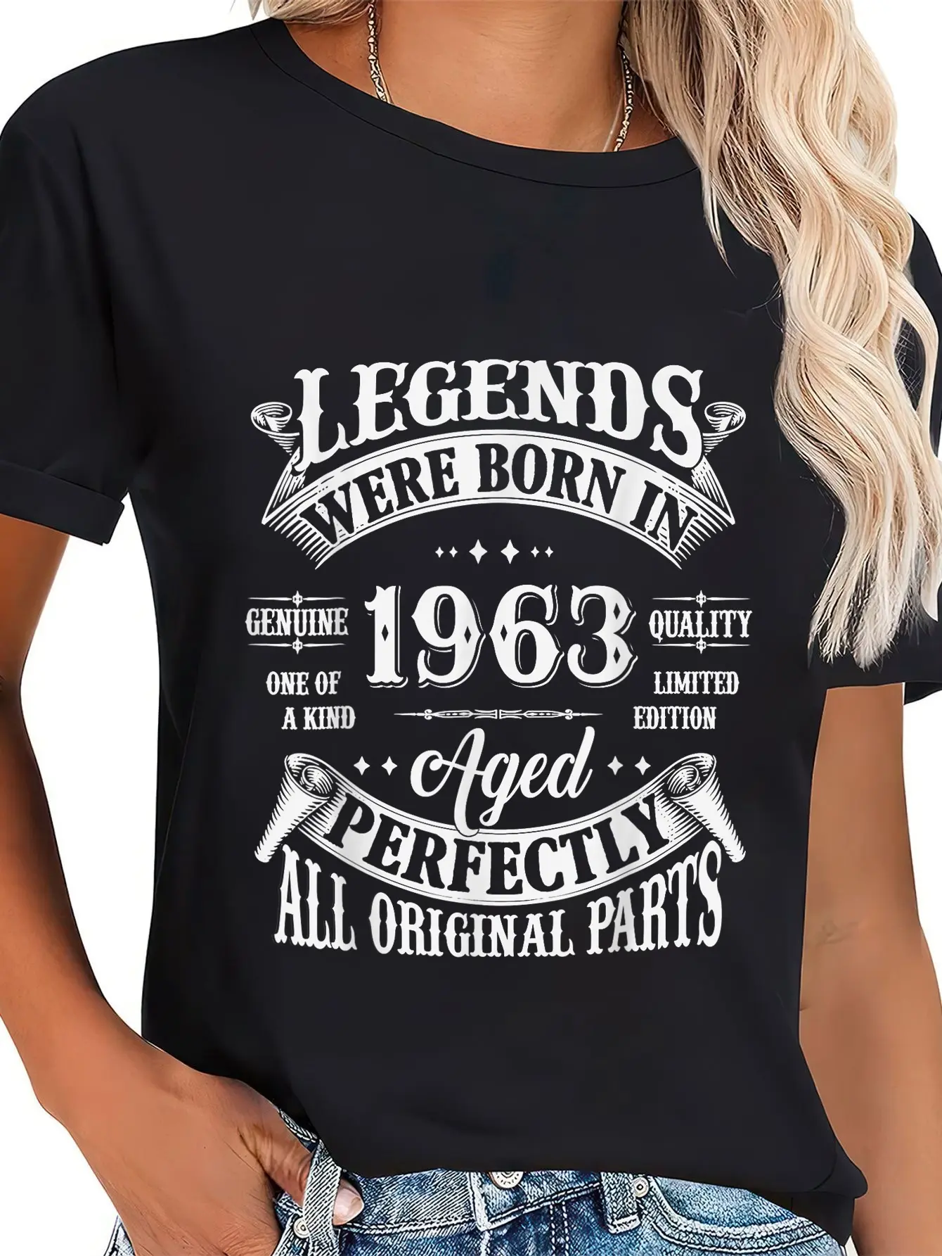Women's Vintage 1963 "Legends" Graphic T-Shirt, Casual 100% Cotton Shortsleeve Top for Lady, 62nd Birthday Everyday Gift, Round Neck, Tshirt, Whimsical Humor, Distressed