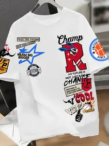 Men's Graphic Print T-Shirt, Round Neck, Short Sleeve Design, Trendy Fashion Streetwear, Campus Style, Casual, Multiple Colors Available, All Seasons, Casual Summer Tee, Casual Fashion Clothing, Menswear