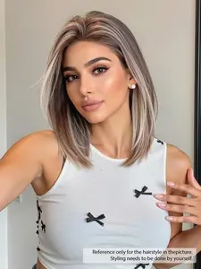 Topshe Silver Color Synthetic Shoulder Length Wig with Dark Roots, 13 × 6 Lace Front Short Wig for Daily Wear, No Bangs Design, All Seasons