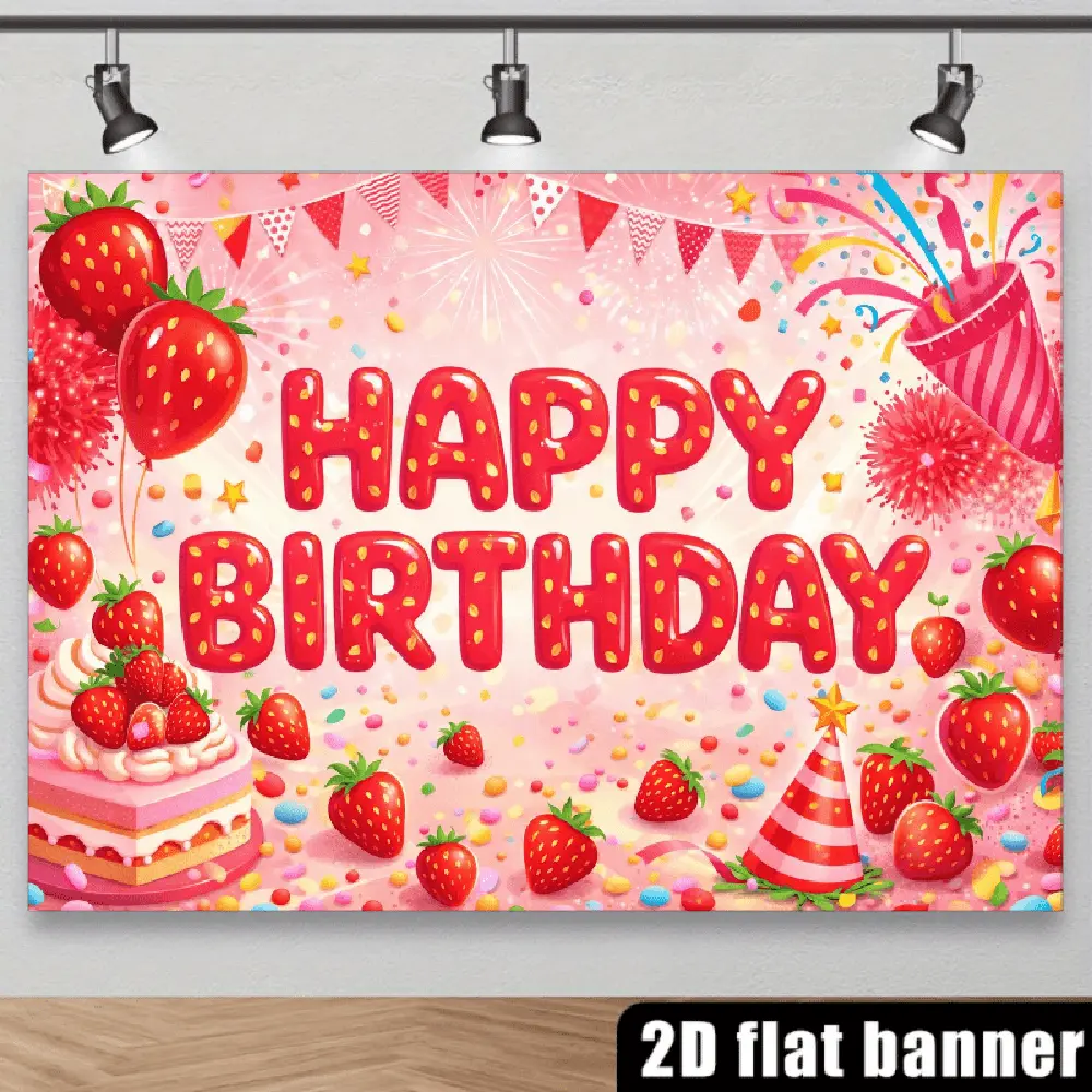 1PC,2D Flat Backdrop Cute Strawberry - Themed Birthday Backdrop, Pink Party Decoration Cloth, With Birthday Cake, Strawberry, Balloon, Pennant Elements, For Birthday Party Decoration, Children's