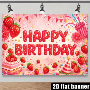 1PC,2D Flat Backdrop Cute Strawberry - Themed Birthday Backdrop, Pink Party Decoration Cloth, With Birthday Cake, Strawberry, Balloon, Pennant Elements, For Birthday Party Decoration, Children's