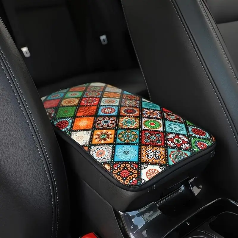 Creative Ethnic Style Print Pattern Car Armrest Cover Mat, Waterproof Non-slip Pad, Car Interior Accessories
