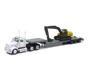 New Ray 1:43 Kenworth W900 Lowboy W/ Backhoe Haul Truckers Compact Scale Model Display Ready Collectible Diecast Vehicle Solid White Design