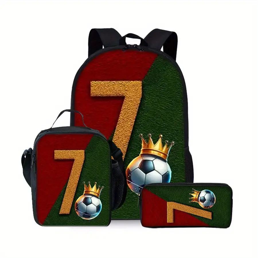 CR7 Portugal 3-Piece Backpack Set,#7 Soccer Star Print School Bag + Lunch Bag + Pencil Case, Oxford Cloth Adjustable Strap Daypack for Fans & Kids