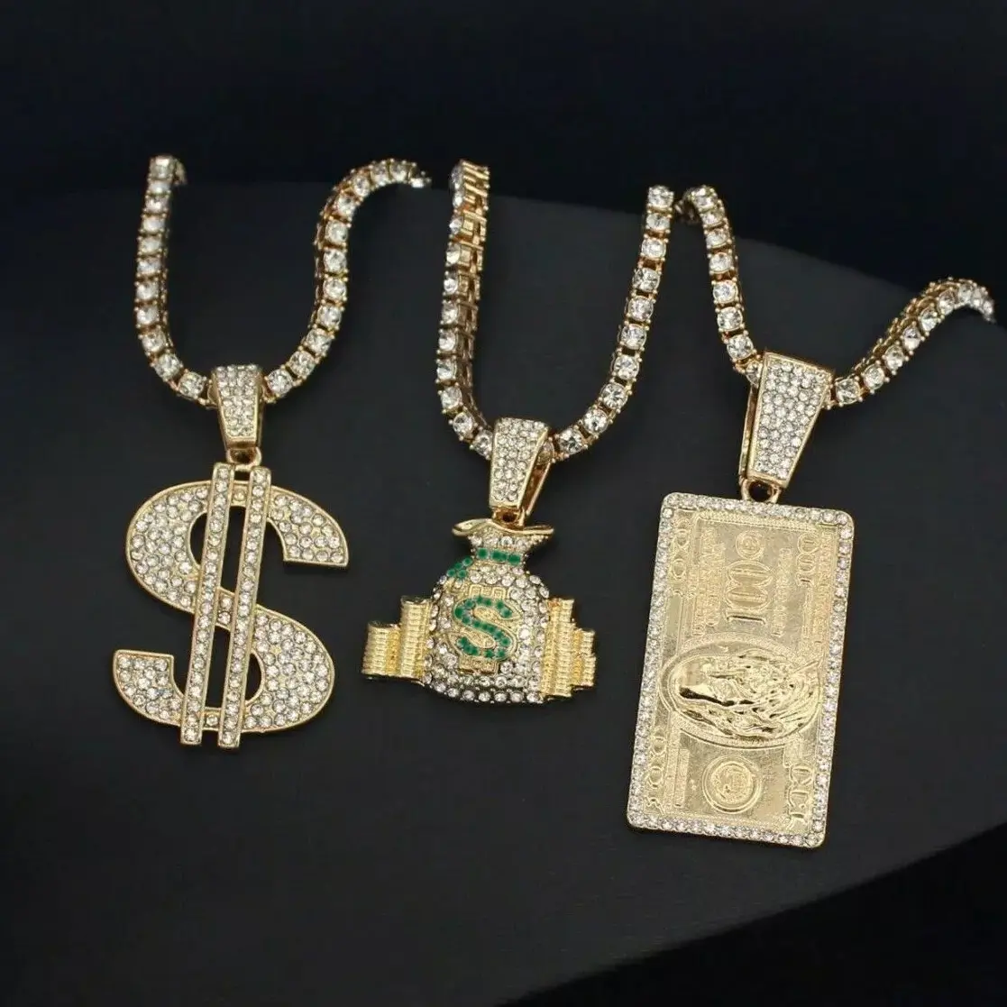 MaxBling81 Multi-Size Hip-Hop $100 Bill Icy Fashion Pendant with 1-Row Cubic Zirconia Synthetic Diamond Chain, Embellished Chain Accent Money Bag Pendant Necklace for Hip-Hop Enthusiasts, Fashion Pendants