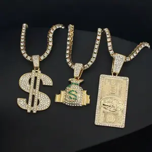 Money Bag $100 Dollar Bill Hip Hop Icy Pendant Iced 1 Row Cubic Zirconia Tennis Chain Necklace