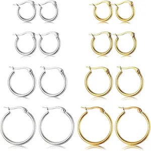 CASSIECA 4 Pairs Stainless Steel Hoop Earrings Stack Set Cute Huggie Earrings Stack for Women,10MM-20MM