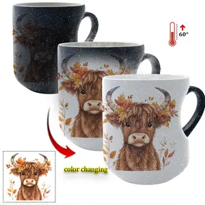 Autumnal Highland Cow Color-Changing Ceramic Mug - Perfect for Hot Beverages!Heat-Activated Color Changing Mug Magic Reveal Mug Thermosensitive Ceramic Mug, Heart Handle Mug, 11 oz/330 ml, Coffee Mug Christmas Gift for Friends, Coffee Cups