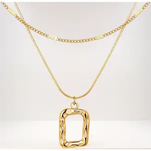 14K real gold plated chunky chain layered necklace for women trendy stackable choker with rectangle square pendant dainty jewelry