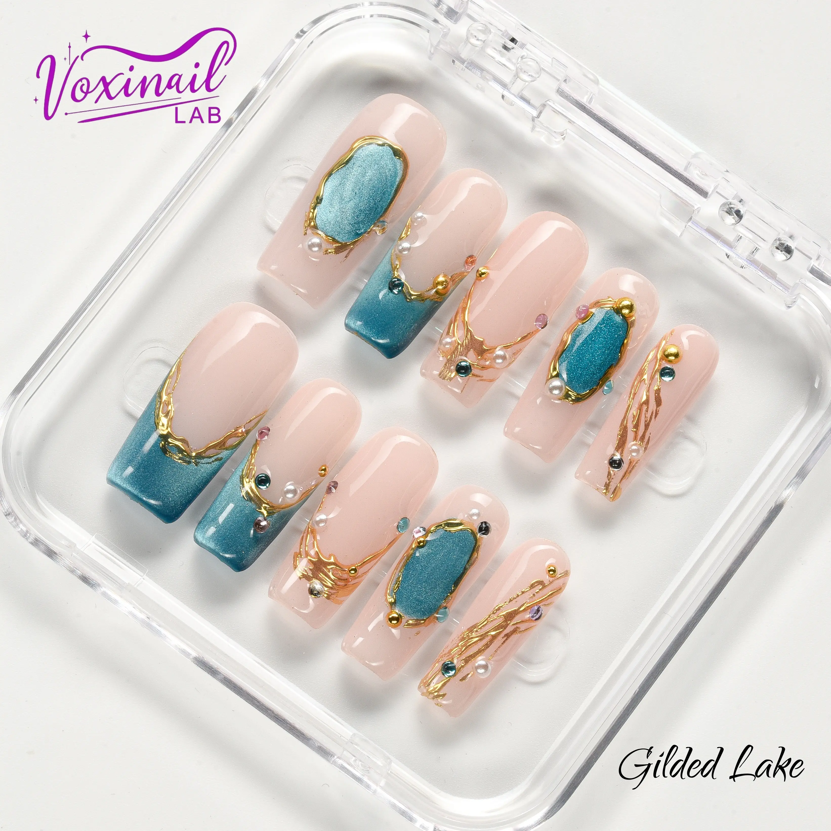 Voxinail Lab | Gilded Lake | Handmade Coffin Press-On Nails | Acrylic, Reusable, Long-Lasting
