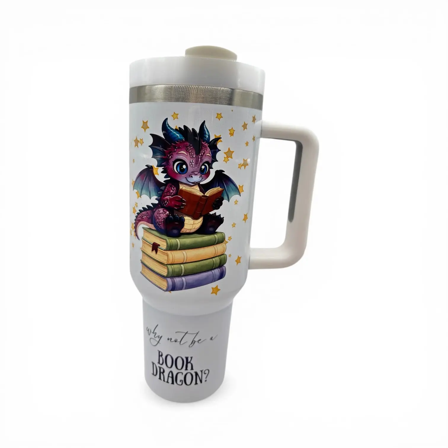 Book Dragon 40oz Tumbler – Stainless Steel Cup with Handle
