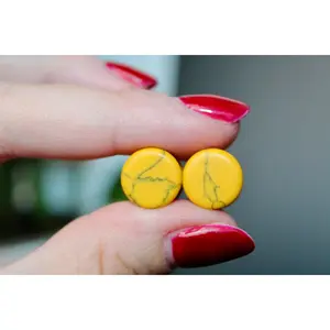 Yellow Howlite Stone Double Flare Earrings, Light Polish Pair