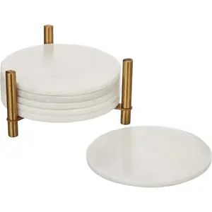 Marble Coaster Set of 6 with Metal Holder,  White Marble Coasters Round Tiles 3.5 Inch Wide 5 mm Thick, Both Side Polish for Scratch Free Surface