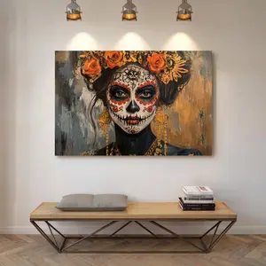 Dia De Los Muertos Art, Mexican Sugar Skull Woman with Floral Crown, Vibrant Cultural Portrait Art, Day of the Dead Wall Decor
