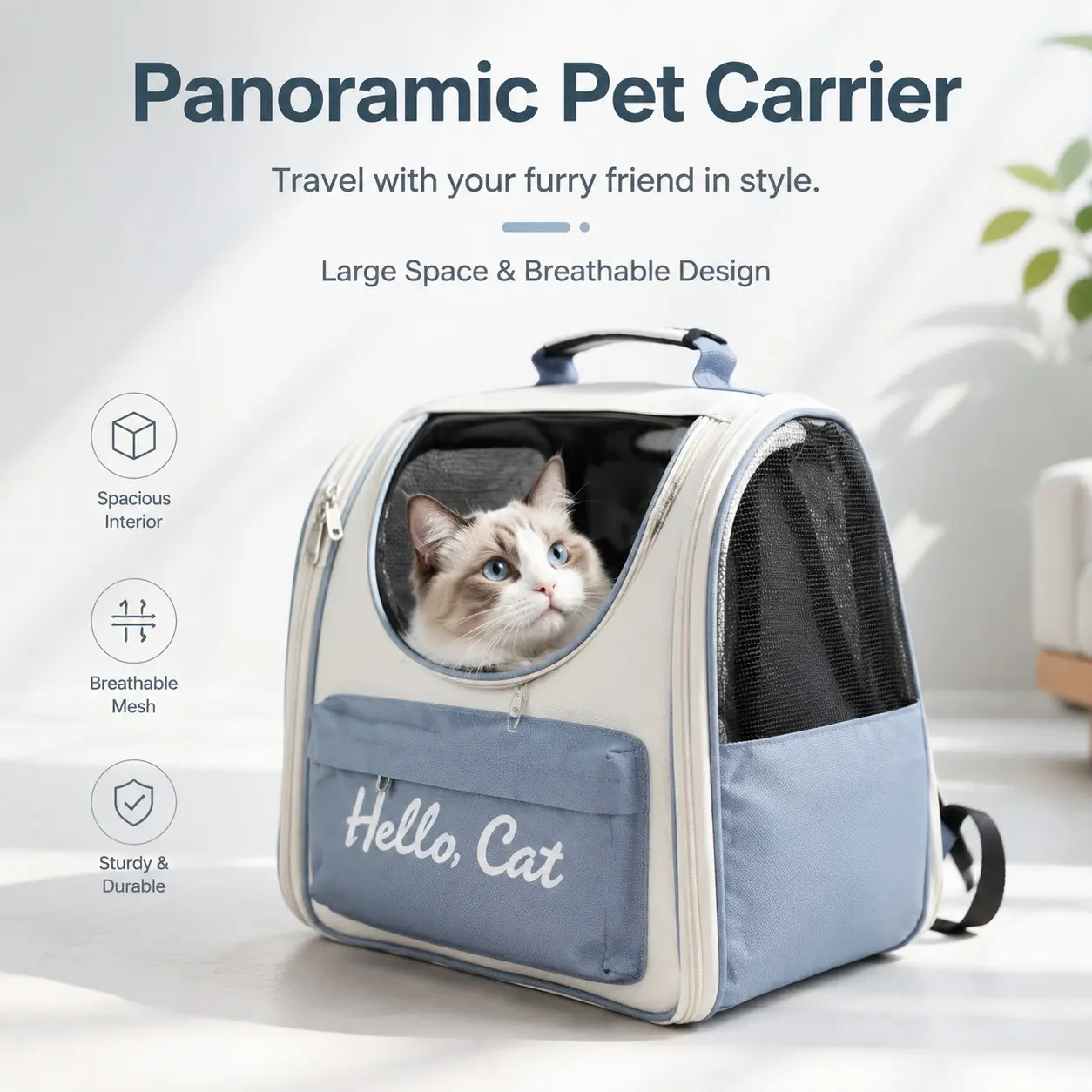 Panoramic Pet Carrier Backpack for Cats & Small Dogs - Breathable Mesh Ventilation, Spacious Interior, Zipper Design, Sturdy, Easy to Carry, Machine Washable Travel Bag, Fabric