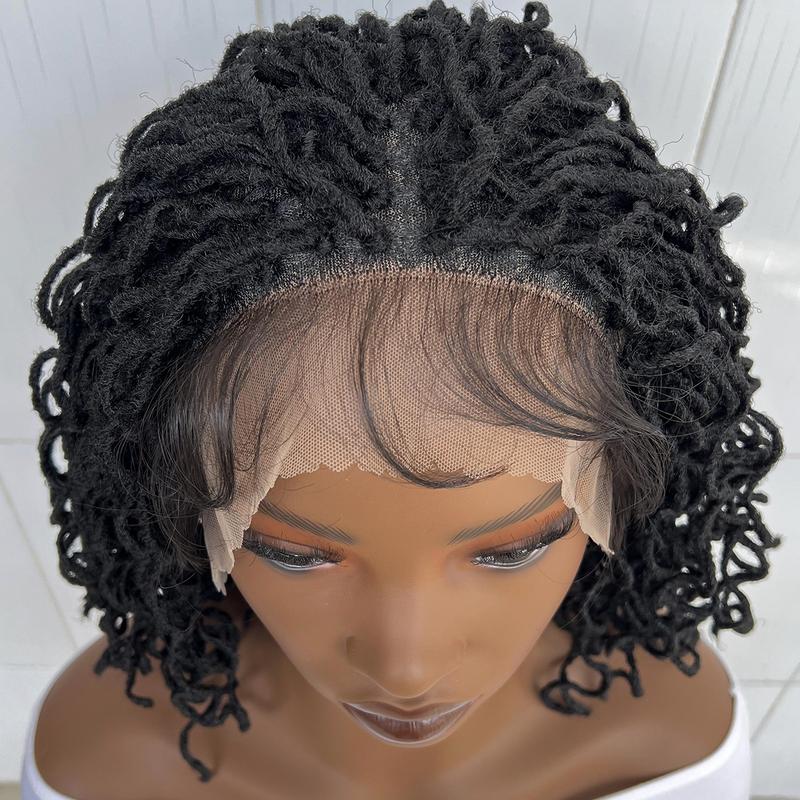 Full Lace Faux Locs Wig Short Curly Dreadlock Wig With Baby Hair Afro Curly Braided Wig For Women Pre-Plucked Twist Braid Wigs Synthetic Short Twist Wig