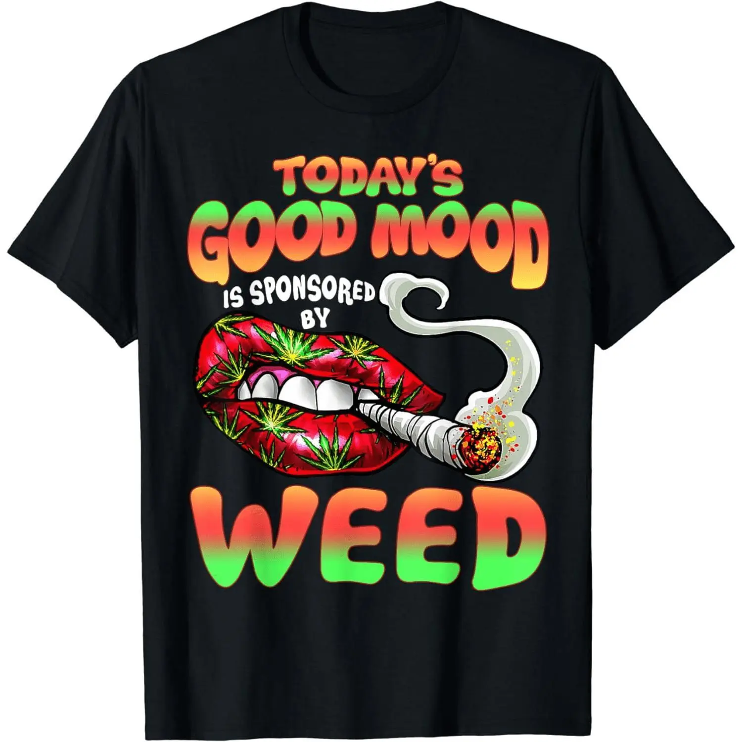 [100% Cotton] Vibrant Weed Inspired T-Shirt With Playful Text And Psychedelic Lips Design.
