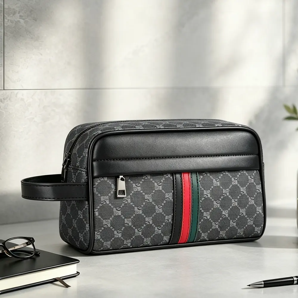 Men’s wallet pouch bag with large capacity — handheld clutch, wristlet, shoulder/underarm carry, phone pouch; portable travel essential; suitable for work, travel, commuting, and school; PVC material; minimalist geometric print design; trendy casual style