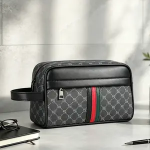Men’s wallet pouch bag with large capacity — handheld clutch, wristlet, shoulder/underarm carry, phone pouch; portable travel essential; suitable for work, travel, commuting, and school; PVC material; minimalist geometric print design; trendy casual style