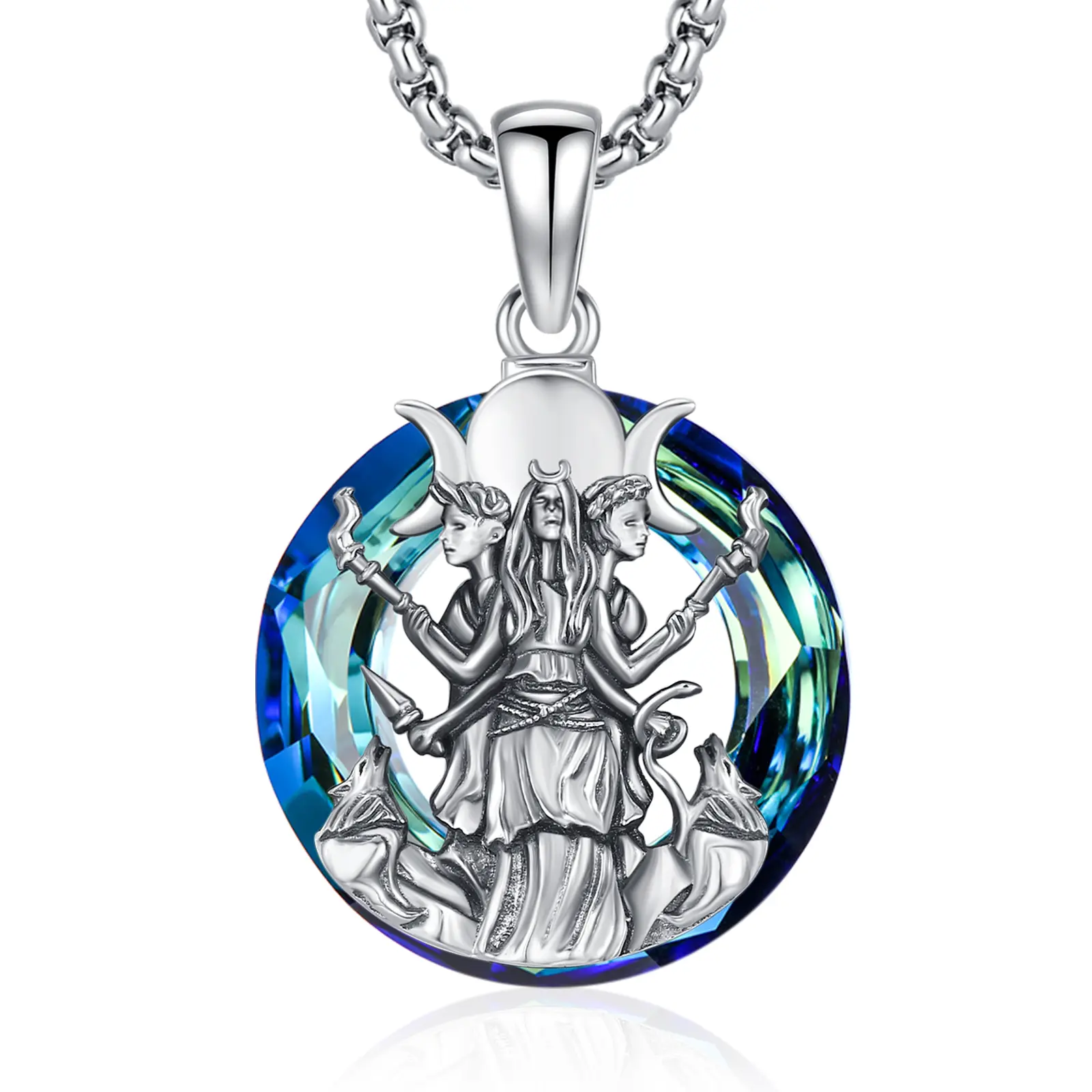 DRINSPER Women's 925 Sterling Silver Hecate Necklace - Nickel-Free Triple Moon Pendant, Pagan Witchcraft Devotion Jewelry with Crystal, Celebrates Threefold Nature