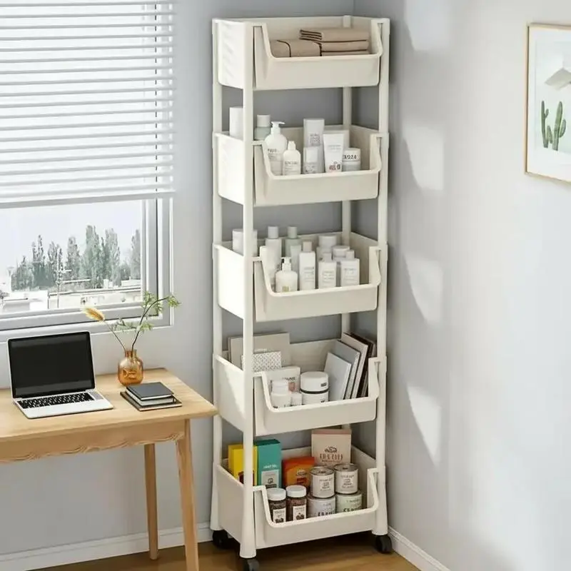 5-Layer Thick Plastic Durable Storage Cart Organiser - Single Unit Rectangle, 35x23x122cm Size, Adjustable Shelf, Lockable Wheels, Heavy Load, Easy Moving, Slim Space-Saving Utility Rack for Bathroom, Kitchen, Casual Use