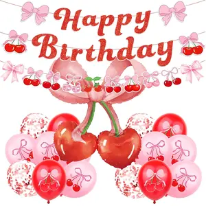 Coquette Pink & Red Cherry Bow Birthday Set with 42-Inch Bow Balloon, Banner & Party Decor
