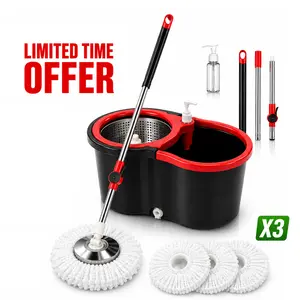 360° Spin Mop and Bucket System with Wringer Set, Stainless Steel Basket & Adjustable Handle, Easy Wringing Floor Cleaning Mop Bucket with Soap Dispenser and 3 Extra Microfiber Heads for All Floor Types