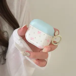 Korean Style Simple Blue Cover Star Butterfly Knot Earphone Case, Compatible with AirPods Pro 3, 2, 4, 3, Cute Apple Earphone Protector
