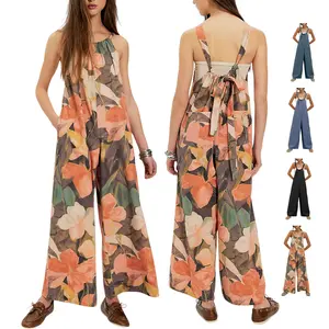 Ommig Women's Summer Bohemian Cotton&Linen Open Back Wide Leg Jumpsuits Overalls with Tie-back Straps Drawstring Double Pockets in Printed and Solid Colors for Holiday