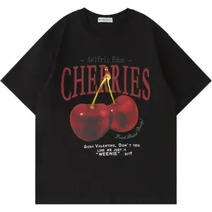 Aelfric Eden oversized unisex graphic T-shirts with cherry print, casual summer short-sleeve cotton top, cute tee