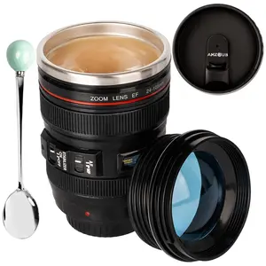 Camera Lens Coffee Mug with Lid and Spoon Cool Gifts for Photographers Men and Women Funny Dad Tumbler Drinkware