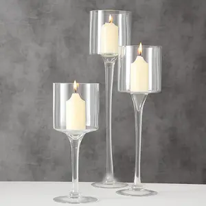 Glass Candleholders Tea Light Candle Holders Clear Wedding Weddings Hurricane Tall Elegant Ideal for Dining Party Home Decor Parties Table Settings Gifts Different Sizes (1 Set Large Clear)