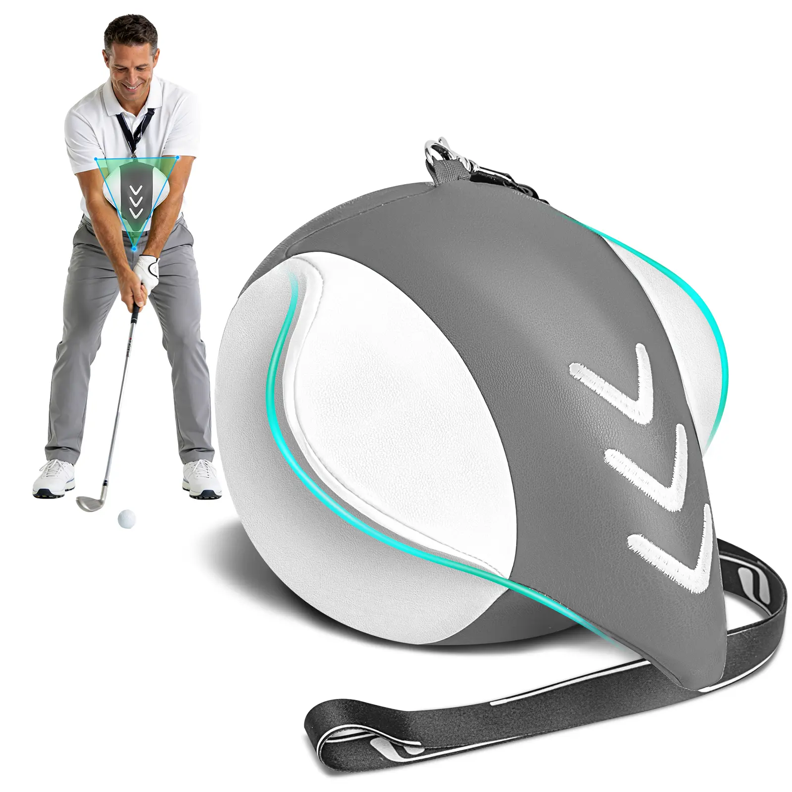 Golf Training Aid Ball, Memory Foam Golf Trainer Ball -  Posture Correction and Fix Chicken Wing, Portable Golf Training Aid with Leather Removable Cover & Lanyard campingessentials