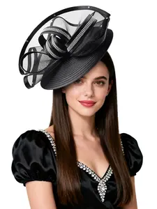 1pcs Women Fascinators Satin Veil Headband Church Hats Bridal Wedding Party with Rhinestones Elegant Fascinator Hats