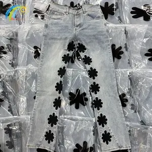 Hip Hop Splicing Patchwork Black Sunflower Embroidery  Denim Pants Men Women Light Blue Jeans Trousers With Tag
