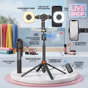 2026 360°Rotatable Selfie Stick Tripod Rechargeable Smart Face Tracking Tripod with 2 Fill Light Phone Holder for Live Streaming Vlog