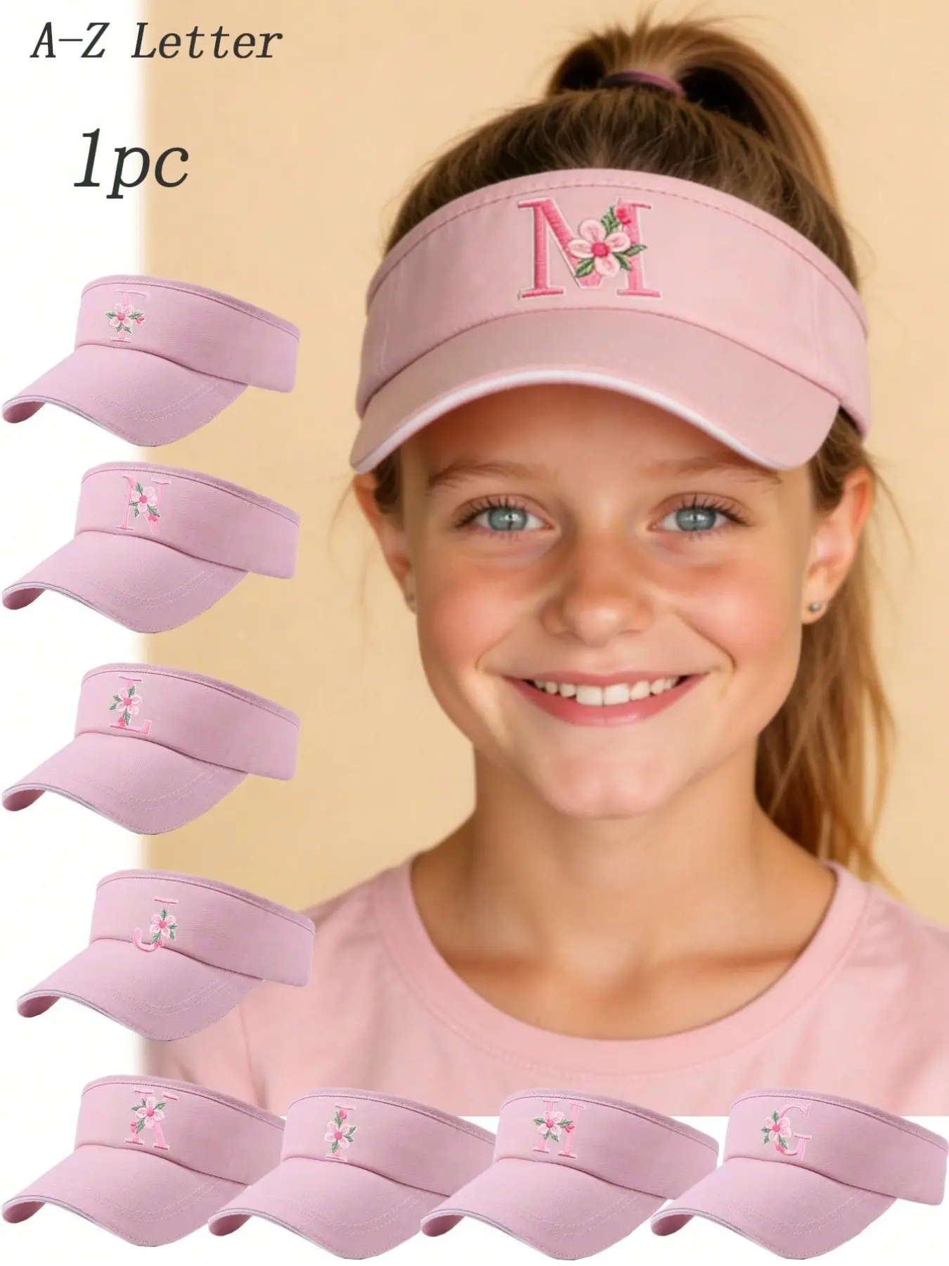1PC A-Z Letter Embroidered Kids Visor Hat, Adjustable Sun Visor Cap for Girls, UV Protection Summer Beach Visor, Ponytail Friendly Outdoor Sports Sun Hat for Teens, Personalized Cap, Initials Hat, Embroidery Cap