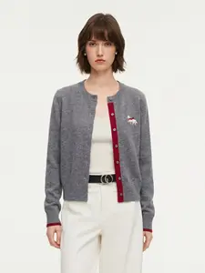 100% Wool Color Block Horse Embroidered Women Cardigan