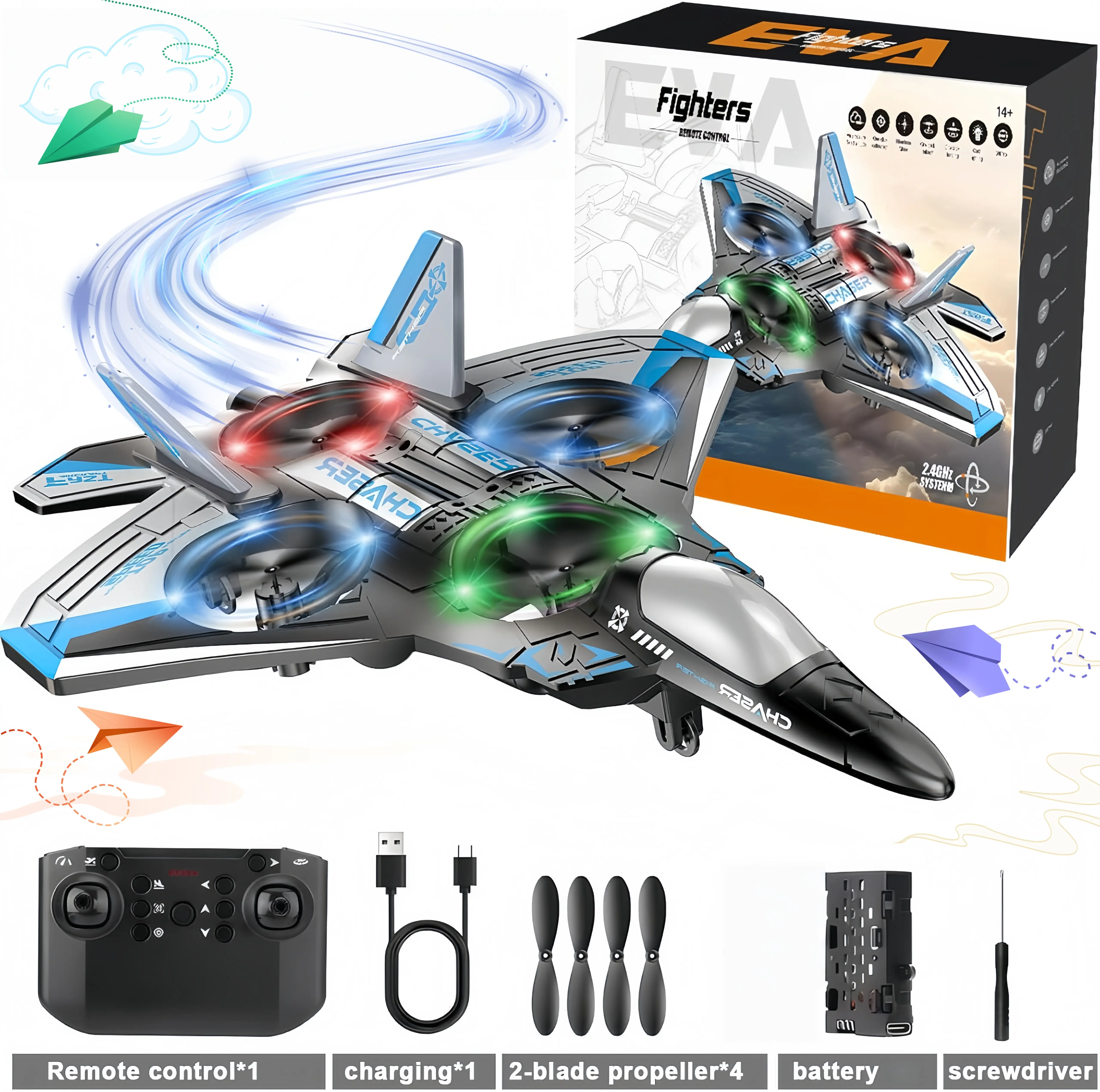 Fun remote control airplane drone for kids summer leisure time, Equipped with practical altitude hold system and vivid LED lights, easy to fly and master, with one spare rechargeable battery, wonderful summer companion toy.