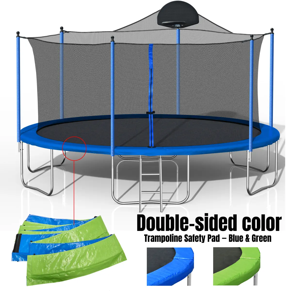 14FT/16FT Trampoline for Adults & Kids with Basketball Hoop, Outdoor Trampolines w/Ladder and Safety Enclosure Net for Kids and Adults,Double-side Color cover