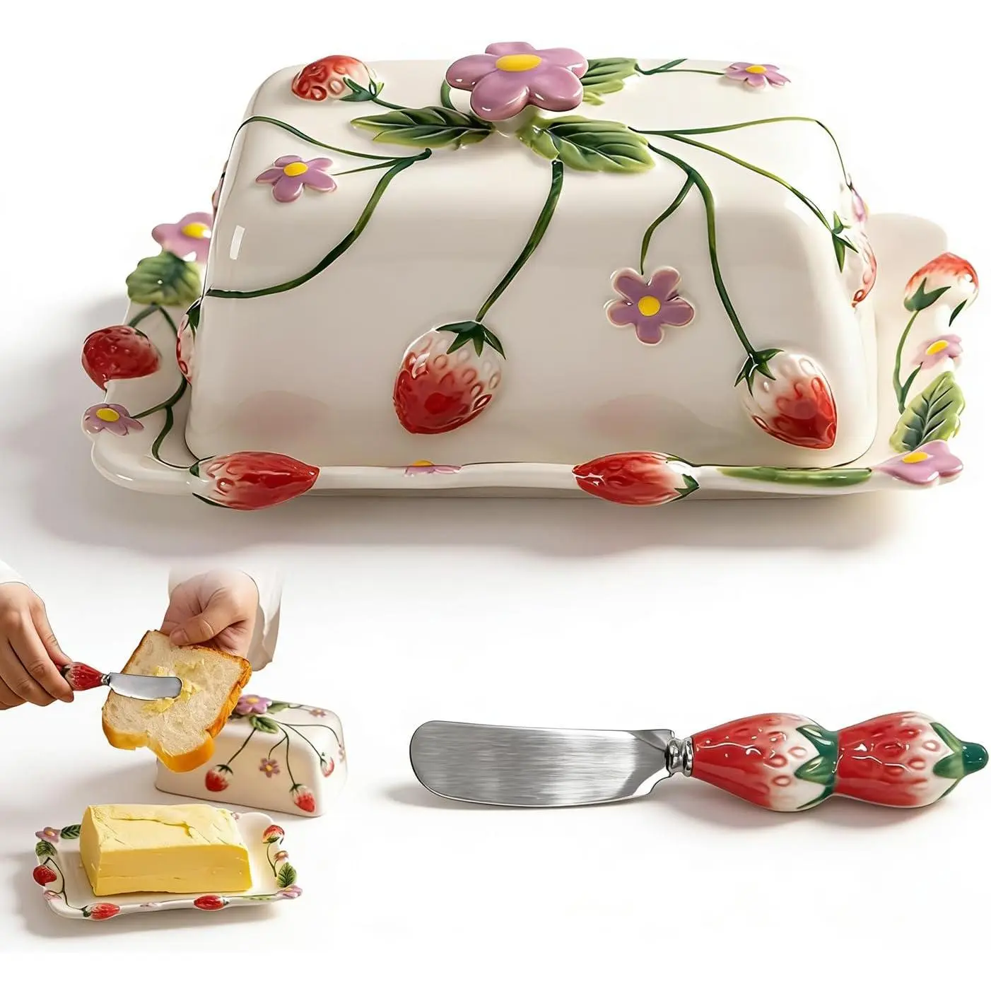 Rustic Handmade Ceramic Strawberry-Embossed Butter Dish with Lid & Smooth Knife Kitchen Utensils Set, Underglaze Hand-Painted, Oven-Safe, Dishwasher-Safe, Whimsical Unique Country Kitchen Supplies, Mother’s Day Gift