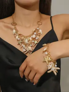 Boho Style Faux Pearl & Shell Decorated Beaded Necklace & Bracelet, Fashion Jewelry Set for Party, Daily Clothing Decor, Trendy All-match & Exquisite Jewelry for Birthday Gift