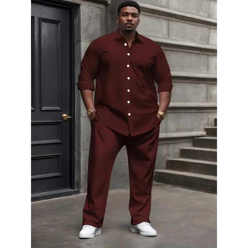 Men's Plus Size Casual Suit Set - Polyester Lapel Shirt with Slight Stretch, Solid Color Woven Bottoms, Regular Fit Elastane Clothes Pants Tops Long Sleeve Black Menswear