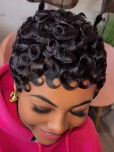 6 Inches Short Pixie Cut Wigs for Women, Curly Pixie Cut Wig, Human Hair, with Bangs, Full Machine Made, Casual Style, Daily Use