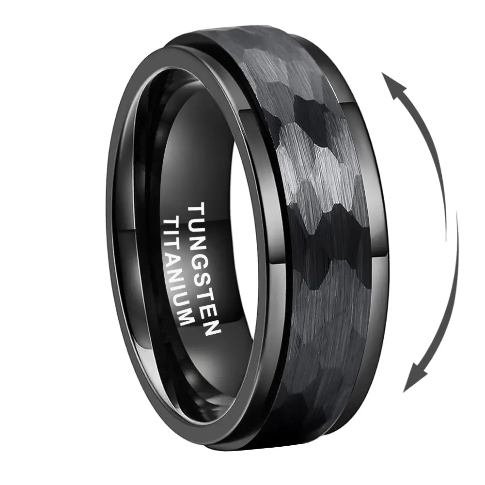 Yonifu Tungsten Carbide Spinner Ring for Men, 8mm Black Hammered Tungsten Rings - Scratch-Resistant, Durable Comfort-Fit Beveled Edge Wedding Band, Rotatable Stress Relief Jewelry Gift for Him