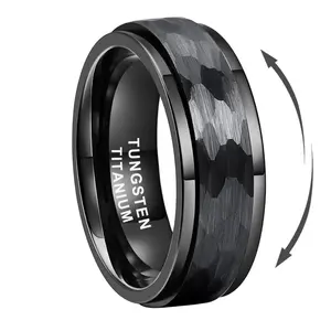 Yonifu Tungsten Carbide Spinner Ring for Men 8mm Black Hammered Design - Scratch Resistant Durable Wedding Band with Comfort Fit Beveled Edge | Stress Relief Rotatable Jewelry Perfect Gift for Him